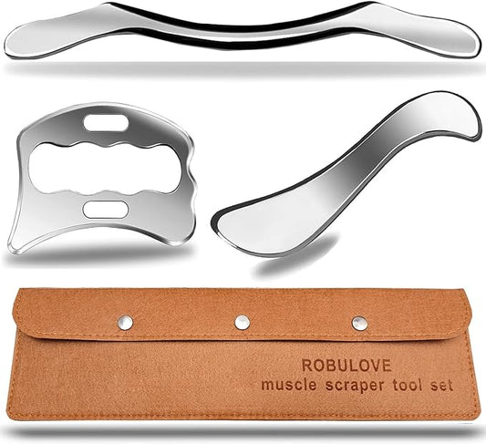Professional Muscle Scraper Tool Set, Stainless Steel IASTM Tools for Physical Therapy, Soft Tissue Massage 14inch Long bar(Double Edge)