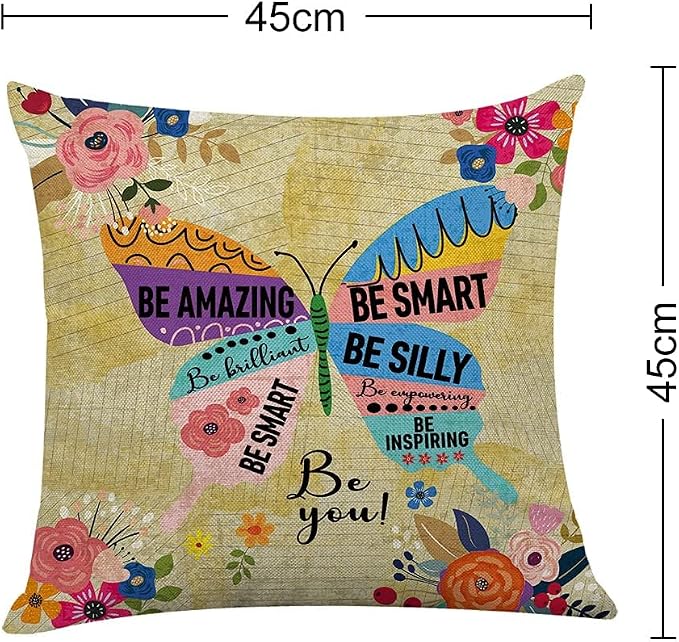 Littlefa Bright Colorful Throw Pillow Cover Butterfly Decorative Pillowcase | Boho Throw Pillow Cover with Inspirational Saying, 18×18 In