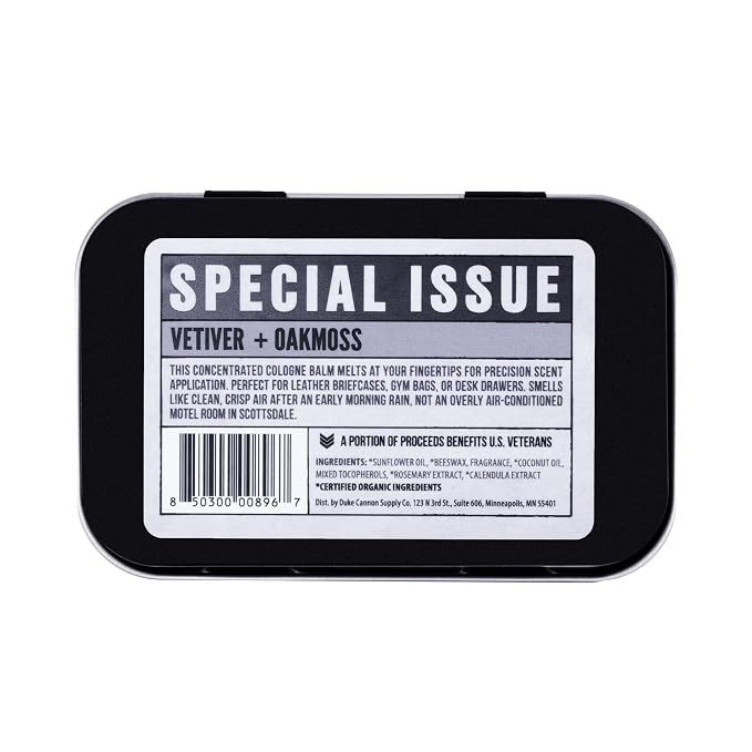 Duke Cannon Supply Co. Solid Cologne for Men Special Issue Vetiver and Oakmoss (Fresh Air, Sandalwood) - Concentrated Balm, Travel-Friendly Tin, 1.5 oz
