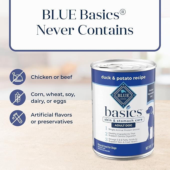 Blue Buffalo Basics Duck Adult Grain-Free Wet Dog Food, 12.5 oz, 12 ct | Skin & Stomach Care, Real Duck #1 Ingredient, Limited Ingredient Diet, Antioxidant-Rich LifeSource Bits, Skin & Coat Health