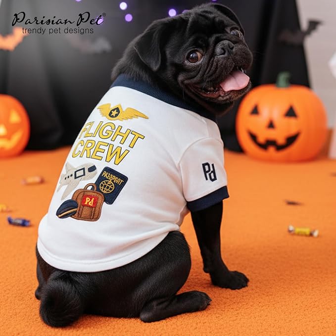 Parisian Pet Dog Flight Crew Shirt - Embroidered Pet Vest - 100% Cotton & Polyester Doggy Shirt - Lightweight Pet Clothes - Sleeved Puppy Costume - White Shirts for Large Dogs - XL