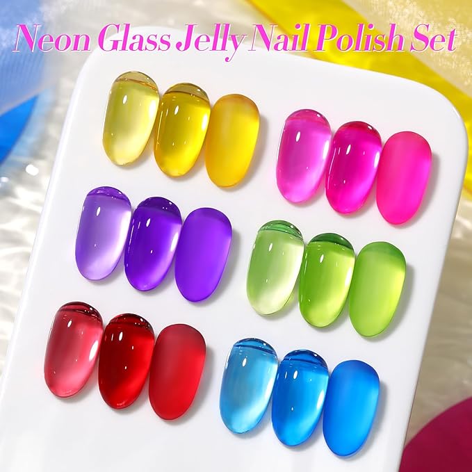 Born Pretty Neon Jelly Nail Polish Set, 6 Colors Spring Summer Ice Jelly Neon Nail Polish Quick Dry Fingernail Polish Kit Crystal Transparent Hot Pink Yellow Green Blue Nail Lacquer Glossy Polish Set