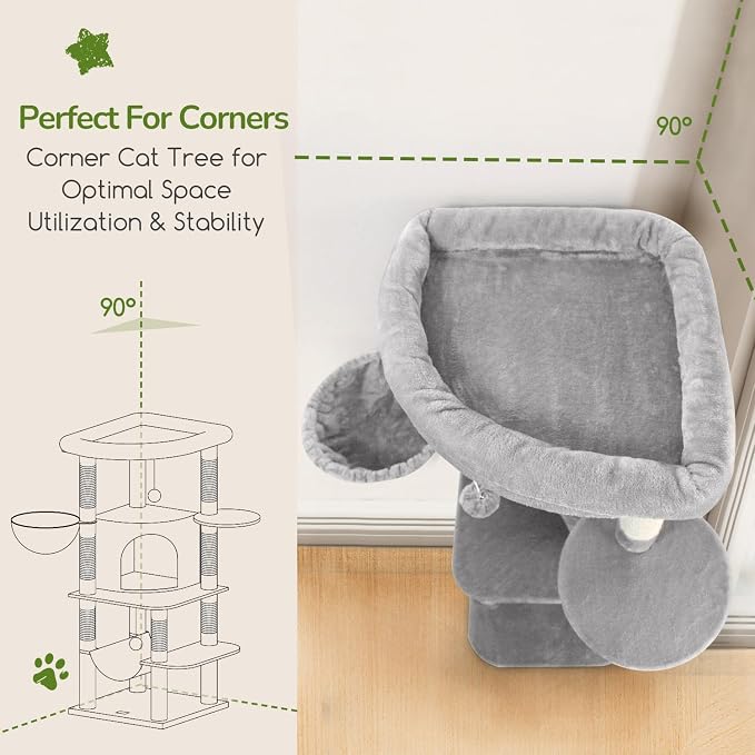 Globlazer Corner Cat Tree Tower with Scratching Post, C51, Light Grey | 51in Space-Saving Multi-Level Cat Condo for Indoor Cats with Hammock, Large Top Perch for Large Cats, Cozy Cat Cave