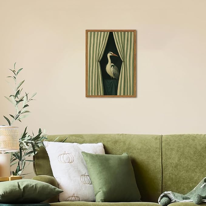 Framed Moody Heron Wall Art, Eclectic Vintage Bird Pictures Wall Decor Paintings, Surreal Whimsical Animal Canvas Prints Unique Humorous Home Decor for Living Room Bedroom Bathroom 16x24 inch
