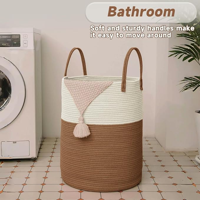 JMvicyroam 60L Cotton Rope Laundry Basket Hamper, White and Brown | Collapsible laundry basket, reinforced handles, freestanding, machine washable, holds 3-5 thick blankets, clothes or toys