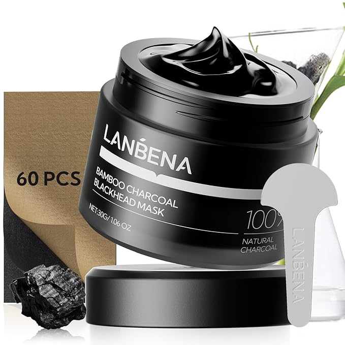LANBENA Bamboo Charcoal Blackhead Mask Nose Pore Strips, Deep Cleansing Peel off Mask & 60Pcs Nose Strips Paper