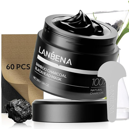 LANBENA Bamboo Charcoal Blackhead Mask Nose Pore Strips, Deep Cleansing Peel off Mask & 60Pcs Nose Strips Paper