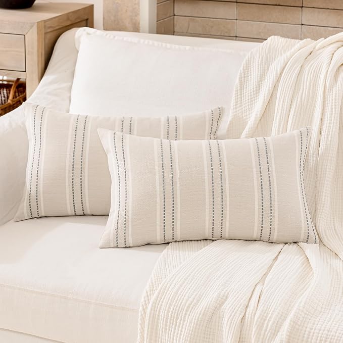 Hckot Grey Decorative Throw Pillow Covers 12x20 Set of 2 Boho Pillow Covers | Striped Farmhouse Pillows Textured Linen Square Cushion Covers for Sofa Couch Bed Living Room Decor(Light Grey)