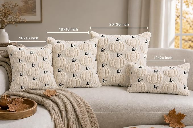 Fall Pumpkin Decorative Pillow Covers 20x20 Set of 2, Beige Soft Plush Faux Fur Wool Farmhouse Throw Cushion Cases for Autumn Thanksgiving Holiday Home Decorations