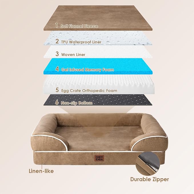 EHEYCIGA Orthopedic Dog Bed Medium Size Dog, Waterproof Washable Pet Beds | Non-Slip Bottom and Egg-Crate Memory Foam Dog Couch Bed with Washable Removable Cover, Camel