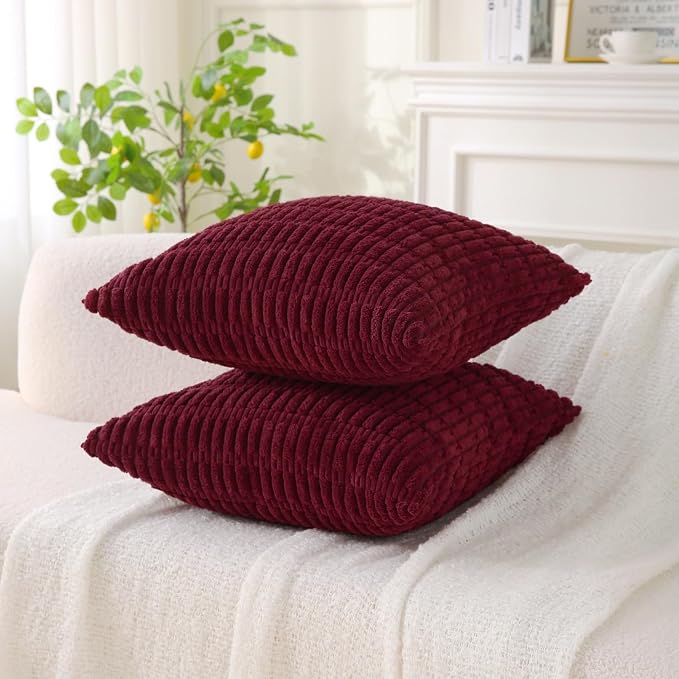 2 Pack Corduroy Decorative Throw Pillow with Inserts, 18x18 Inch Soft Boho Throw Pillow, Square Striped Throw Pillows for Couch, Bed, Sofa Decor (Burgundy)