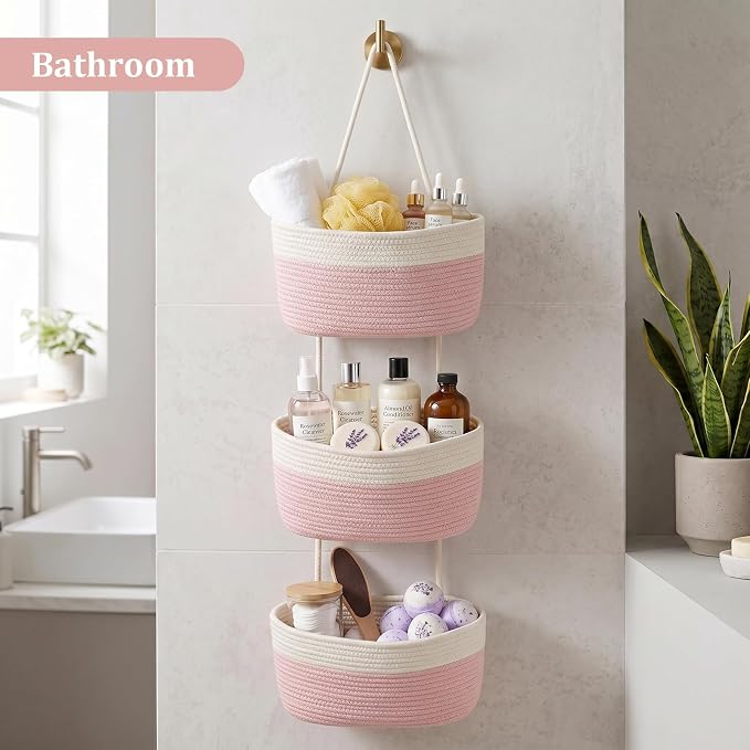 TeoKJ Over the Door Hanging Basket, 3-Tier Woven Cotton Wall-Mounted Storage Organizer Bag Decorative Hanging Nursery Baskets, Pink & White