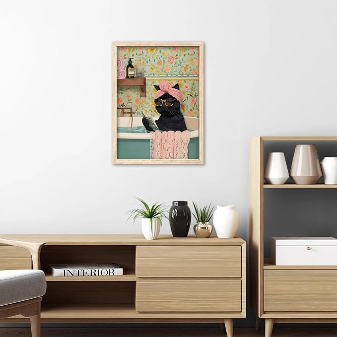 ICHZUMW Framed Funny Black Cat in Bathtub Canvas Bathroom Wall Art 12x16 In | Humorous Cat Wearing Sunglasses Reading Book, Girly Pink Dopamine Bathroom Wall Decor, Restroom Powder Room, Ready to Hang