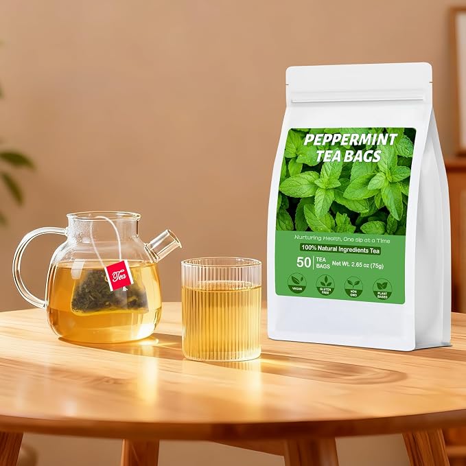 Peppermint Tea, 50 Tea Bags - Pure Peppermint Leaves, Caffeine Free Mint Herbal Tea Bags - Supports Healthy Digestion, Wellness & Refreshment (50 Counts, Pack of 1)