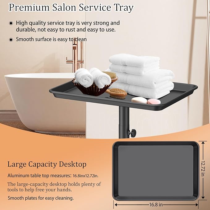 Black Salon Tray Height Adjustable Hair Color Tray with Wheels for Spa or Home Use