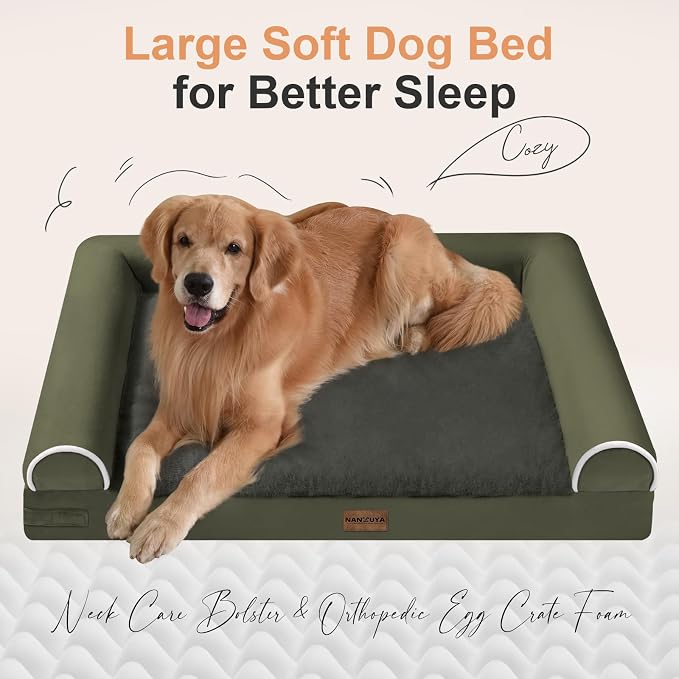 Orthopedic Dog Bed for Jumbo Dogs, 48 x 33 Inch, Dark Green | Egg crate foam for joint support, 3-sided bolster pet sofa, waterproof lining, washable cover, and non-skid base
