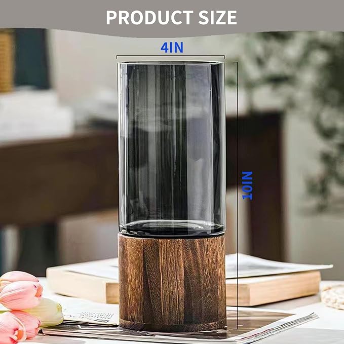 10" Wood Glass Vase | Wooden Base, Cylindrical, Flower Vase