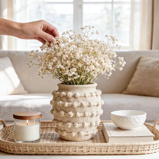 DN DECONATION Beige Flower Vase, 6.3" Farmhouse Boho Vase for Home Decor | Textured Rustic Small Vase, Cement Decorative Flower Vases with Rope Knots for Living Room, Table Centerpiece, Shelf, Mantel