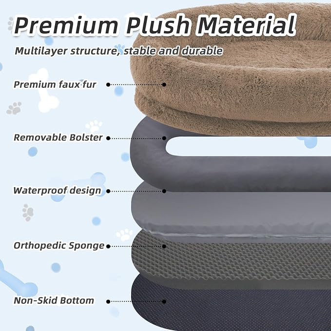 WROS Human Dog Bed for Adult, 71"x45"x12" Giant Calming Nest Beds, Khaki | Washable Soft Faux Fur Cover, Orthopedic Foam Support, Non-slip Bottom, Includes Blanket, Strap & Pillow