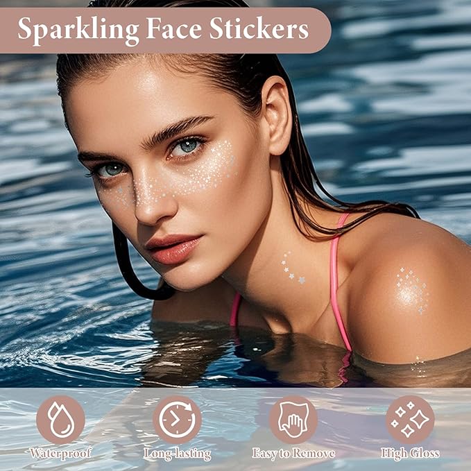 16 PCS Face Glitter, Silver Face Tattoos Stickers, Temporary Body Face Glitter, Makeup Patches for Women Girls Music Festival, Carnival Party, Halloween