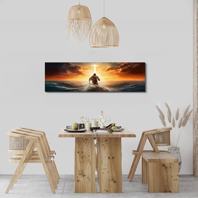 Christian Bible Canvas Wall Art for Bedroom Above Bed, Jesus Walking on Water Picture Wall Decor Sunrise Ocean Sea Cross Painting Prints Spirit Religious Faith Poster Artwork Office Decorations 14x48"