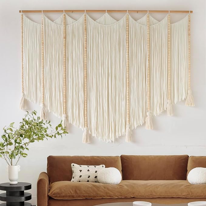 Jakalin Macrame Wall Hanging White Beads Yarn Art Boho Home Decor 57"x43" | Boho Wall Decor for Living Room,Bedroom,Nursery,Handwoven Tassel,Macrame Wall Art Cotton Craftsmanship Texture Wall Decor
