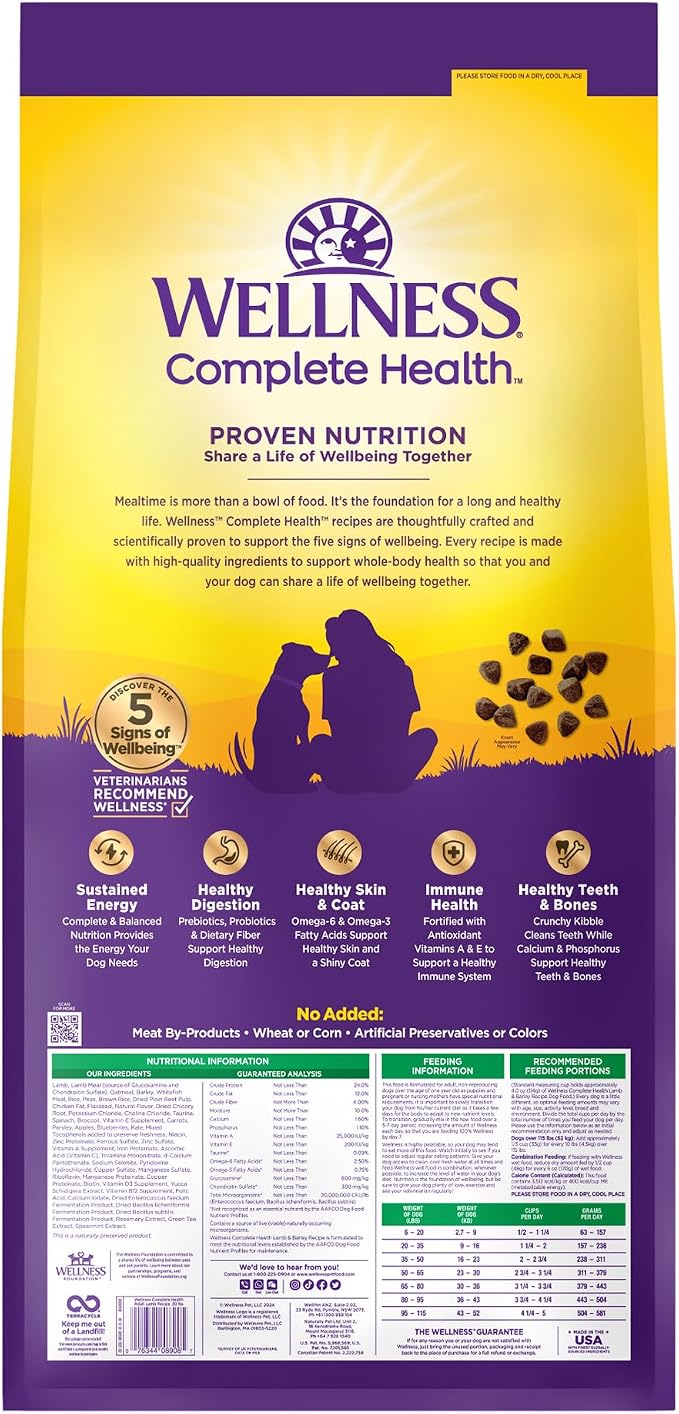 Wellness Complete Health Dry Dog Food with Grains, Made in USA with Real Meat & Natural Ingredients, All Breeds, Adult Dogs (Lamb & Barley, 30-lb) – With Nutrients for Immune, Skin, & Coat Support,
