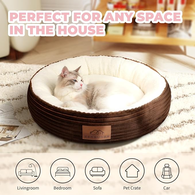 Zerbuger 23in Brown Round Dog Bed Sofa for Dogs Cats, Machine Washable | for Small/Medium/Large Dogs Cats, Foam Pet Couch with Removable Mat Non-Slip Bottom, Pet Cuddler for Indoor/Outdoor/Car/Cage
