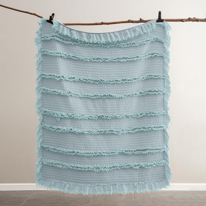 Ultra Soft Pre-Washed Quilted Boho Blue Twin Size Blankets for Bed, Ruffle Fringed Decorative Throw, Stone Washed Chic Rustic Blanket for Sofa Couch Bed, 60"*80"