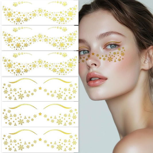 Christmas Freckle Temporary Tattoos - Gold Glitter Snowflake Face Stickers for Women & Girls, Winter Holiday Party Festival Makeup, Easy Apply Face & Body Decals (8 Sheets)