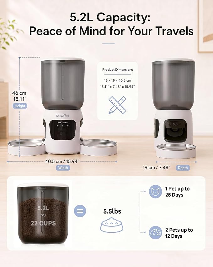 Automatic Cat Feeder with Dual Camera, 2MP with Night Vision | 2.4/5G WiFi Pet Food Dispenser, 5.2L/22 Cups, Scheduled Meals, 2-Way Audio, Dual Stainless Steel Bowl for Cat & Dog