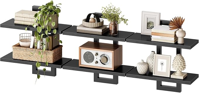HOOBRO Floating Shelves, 15 Inch Wall Shelf Set of 3, Wall Mounted Storage Shelves 2-Tier, Hanging Bathroom Shelves, for Living Room, Bedroom, Bathroom, Kitchen, Black BK32BJP301