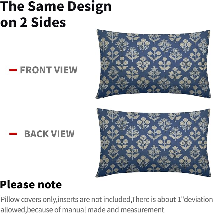 Blue Pillow Covers 12x20 Inch Set of 2, Cream Floral Block Print Pattern Lumbar Decorative Throw Pillowcases Outdoor Farmhouse Rectangle Cushion Covers Spring Summer Sofa Couch Bed Decor