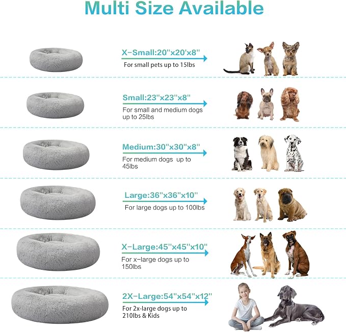 SAVFOX 36 inches Calming Donut Dog Bed - 3X Durable Plush Faux Fur, Machine Washable & Non-Slip, Fits up to 100 lbs, Light Grey