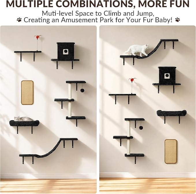 Cat Wall Shelves, 6 in 1 Cat Wall Furniture Set with Condos House, Bed, Bridge, Tree, Steps, Scratching Board, DIY Walls Playground for Indoor (Black)