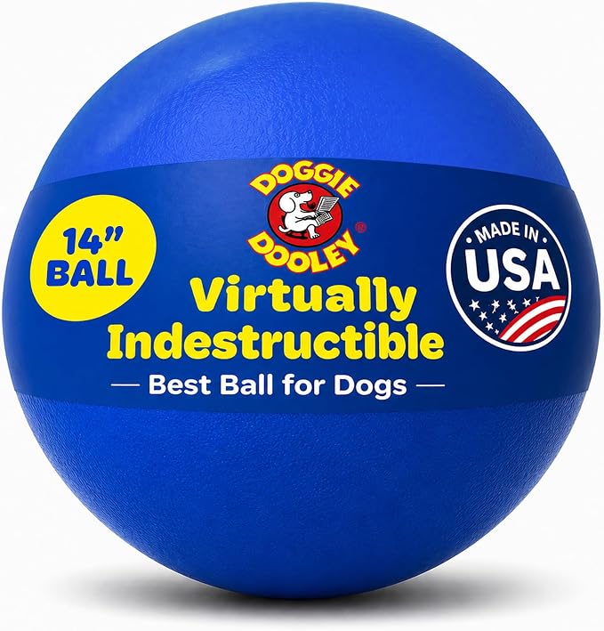 Doggie Dooley Virtually Indestructible Dog Ball - 14 Inch Hard Plastic Interactive Dog Toy for Large Breeds Over 75+ lbs - Built for Herding & Push Play - Floats in Water, Made in USA - Blue