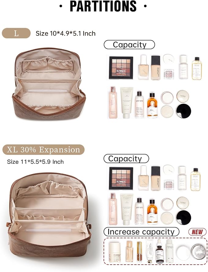 EACHY Travel Makeup Bag, Large Capacity Cosmetic Bag for Women, Waterproof PU Leather, Flat Open Portable Toiletry Bag for Skincare, Brushes & Travel Essentials