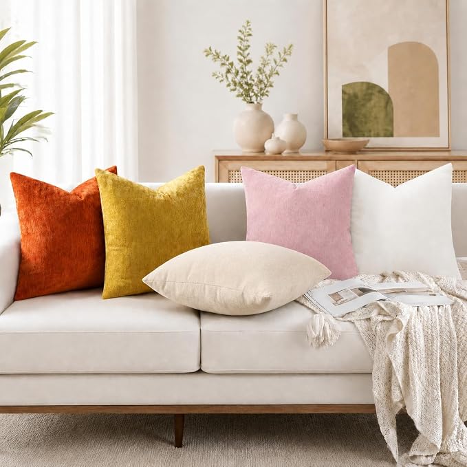 decorUhome Soft Chenille Blush Pink Throw Pillow Covers 22X22 Set of 2 | Decorative Fall Couch Pillow Covers Solid Dyed Accent Modern Euro Sham Farmhouse Neutral Square Pillow Cases for Sofa