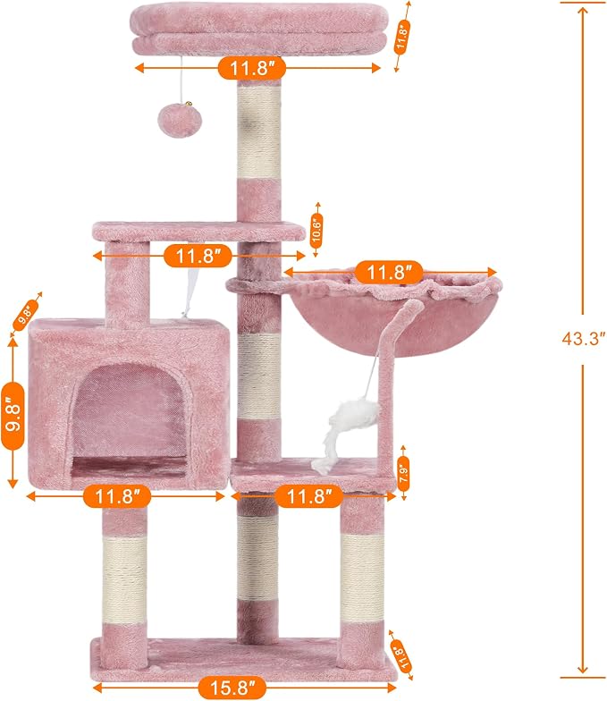 Heybly Cat Tree with Toy, 43.3 inch Cat Tower condo for Indoor Cats, Cat House with Padded Plush Perch, Cozy Hammock and Sisal Scratching Posts, Skin Pink HCT004SP