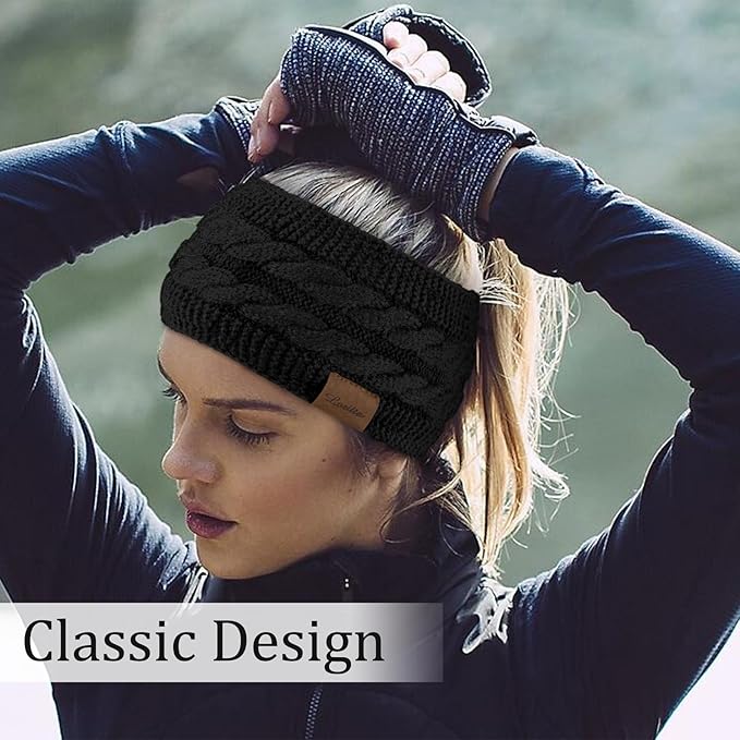 Loritta 2 Pack Headbands for Women Winter Warm Cable Knit Ear Warmer Thick Head Wrap Fuzzy Fleece Lined Gifts