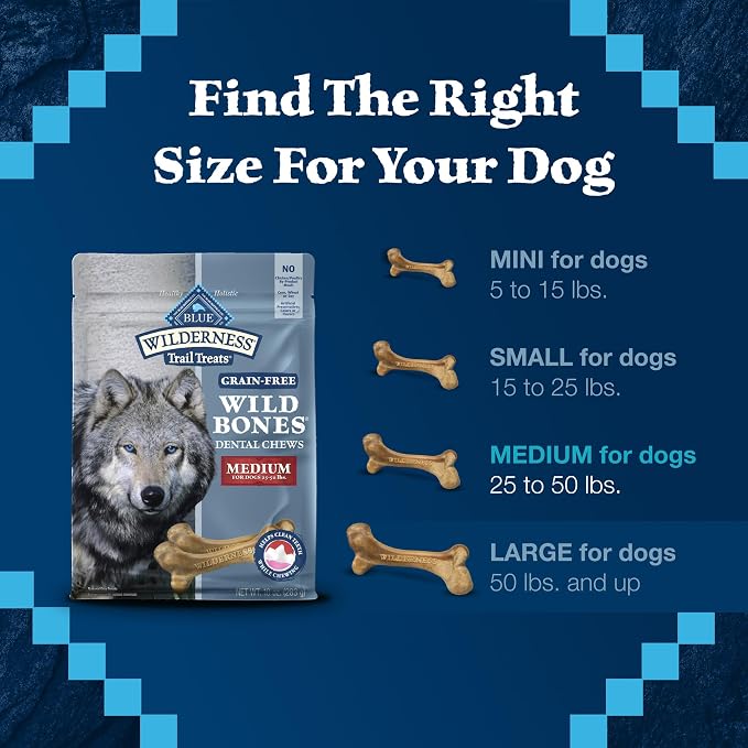 Blue Buffalo Wilderness Medium Dog Dental Chews, Grain-Free, 27 oz | Reduces Tartar & Plaque, Freshens Breath, Sized for Dogs 25-50 lbs., No Artificial Preservatives