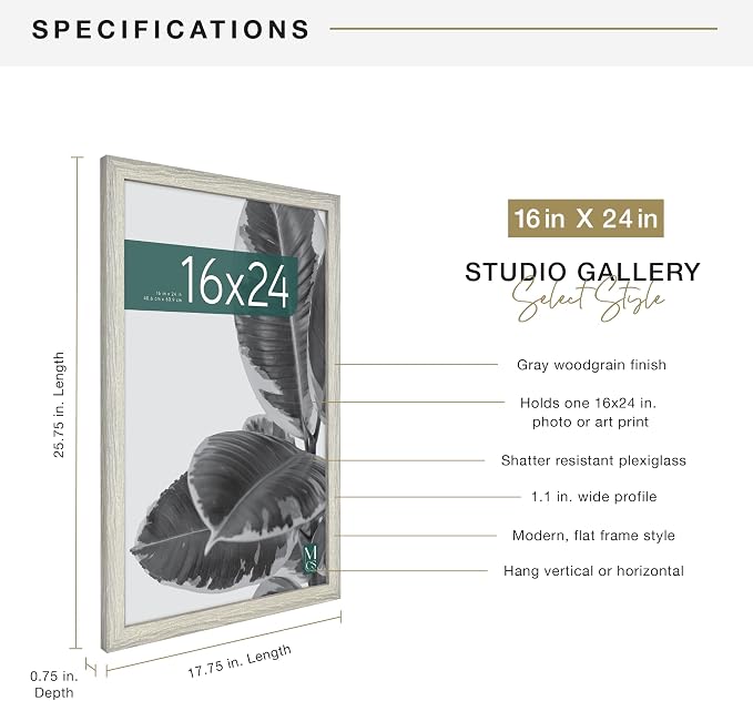 MCS Studio Gallery 16x24 Poster Frame Gray Woodgrain Engineered Wood, Vertical & Horizontal Wall Hanging Large Picture Frame for Photos, Posters & Art Prints (1-Pack)