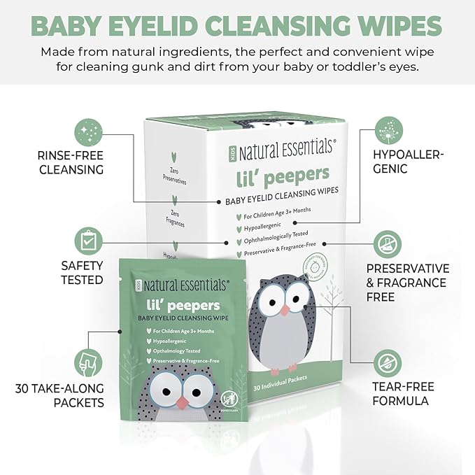 Natural Essentials Lil' Peepers Baby Eye Wipes and Eyelid Cleanser, Preservative-Free & Rinse-Free, Pediatrician Recommended Hypoallergenic Soft Eyelid Wipes for Babies, Kids and Adults (30 Count)