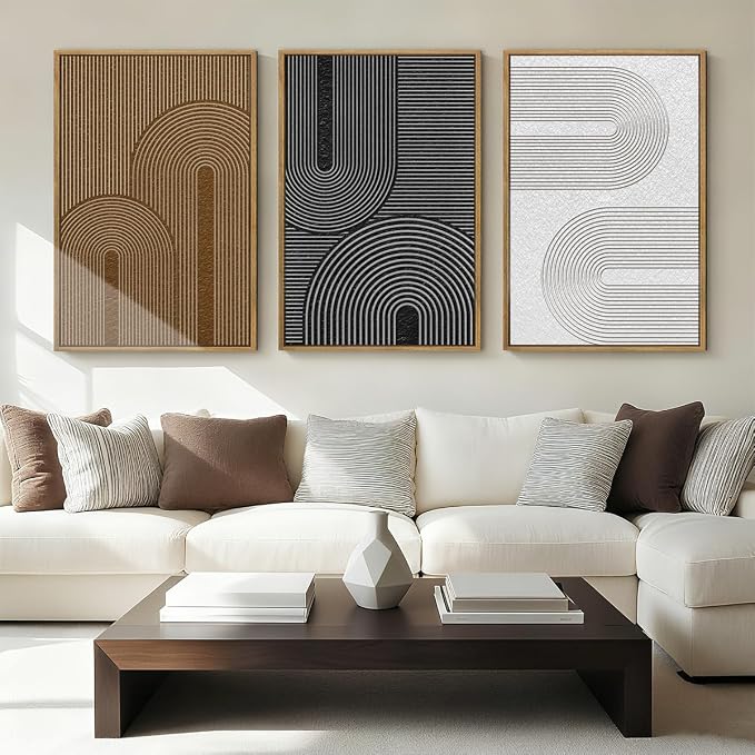 Extra Large Abstract Modern Wall Art Framed Dark Wall Painting Neutral Print Decor for Living Room Bedroom 24x36 Inches Set of 3