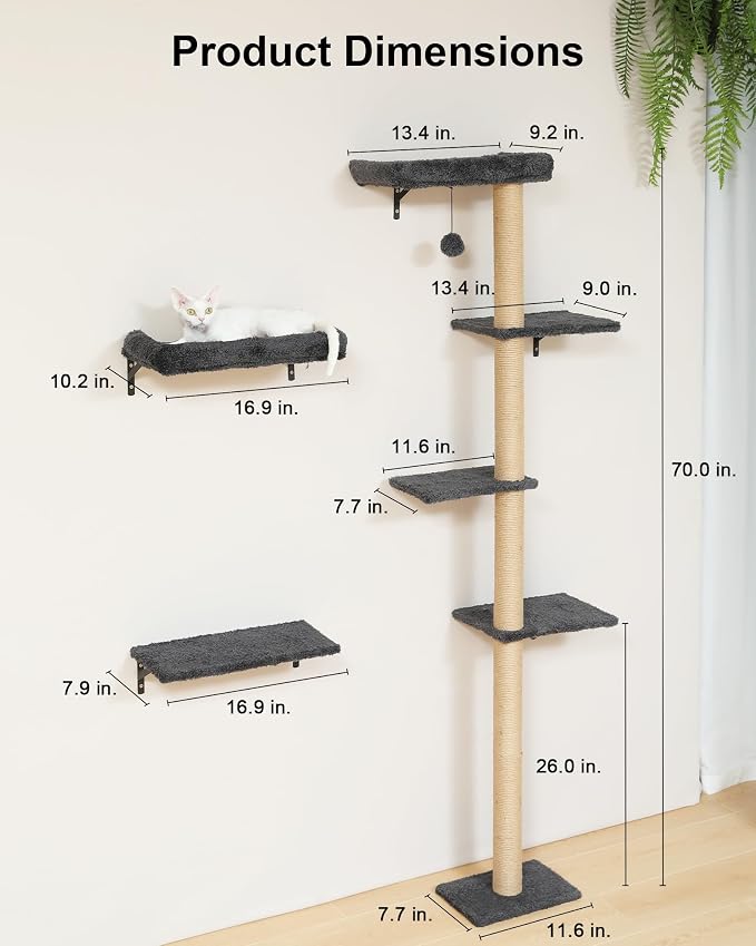 FUKUMARU Cat Wall Shelves Set, 70 inch Wall Mounted Tree, Grey | Kitten Scratching Post with Soft Cushion Perch, Space Saving Climbing Wall Furniture for 16 Inch Drywall