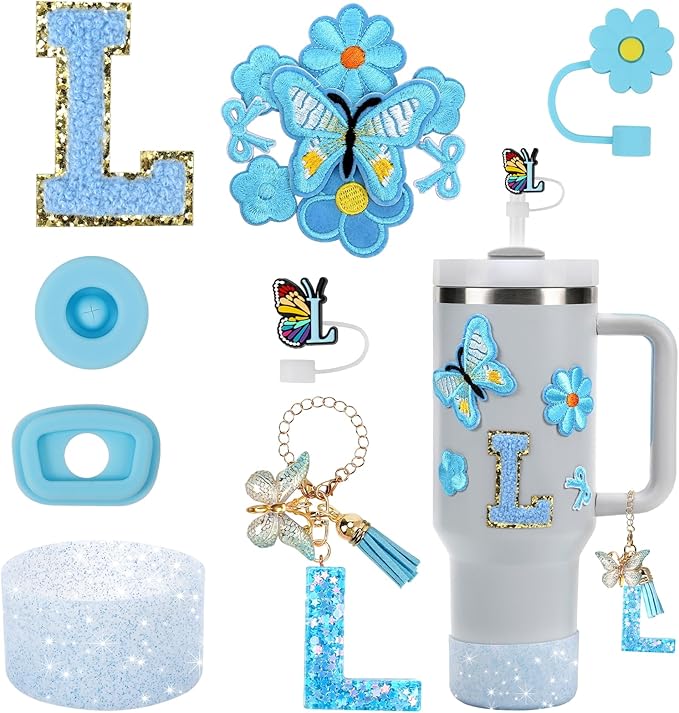 15PCS Cup Accessories Set for Stanley Cup 30oz 40oz Tumbler with Handle, Including Silicone Straw Cover and Boot, Spill Proof Stopper, Stanley Charms, Handle Charm, Initials Sticker