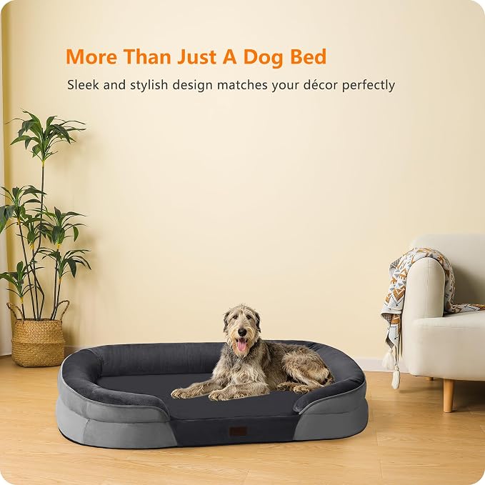 Dwanton Orthopedic Waterproof XXX-Large Dog Bed Sofa, Gel Memory Foam, 53" | Egg-Crate Foam Dog Sofa, Washable Pet Bed with Four Sided Bolster Cushion, Removable Cover & Non-Slip Bottom, Dark Grey