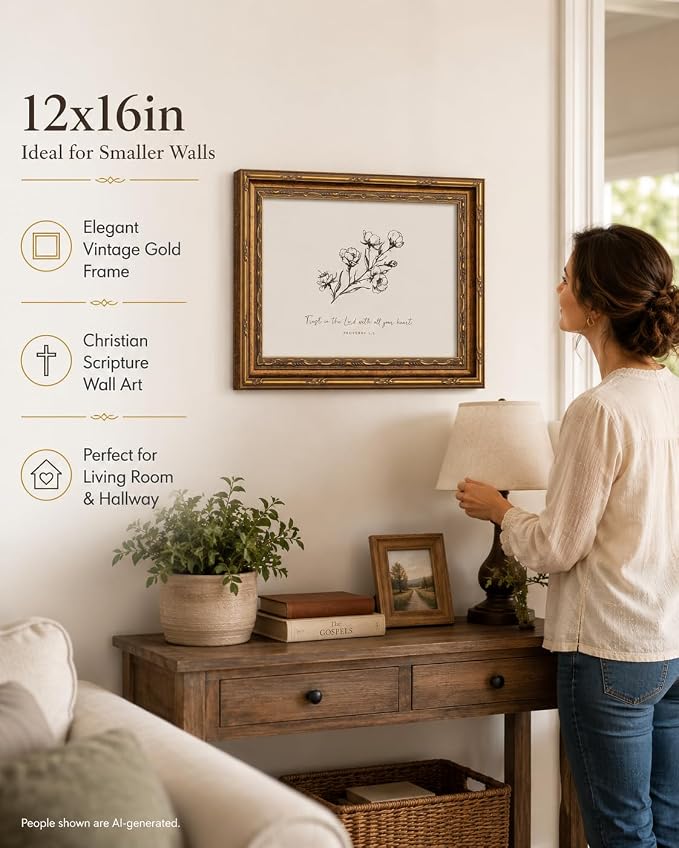 Vintage Gold Framed Floral Wall Art, Christian Bible Verse, 16 x 24 in | Sketch floral scripture canvas for living rooms, bedrooms, hallways, prayer spaces, churches, or meaningful Christian gifts.