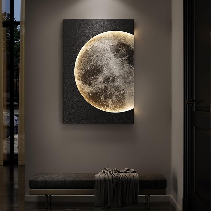 Large 3D LED Moon Wall Art, Modern Minimalist Backlit Lighted Lunar Artwork for Walls, Vertical Contemporary Black Textured Paintings for Living Room Bedroom Dining Room Hallway Entryway Wall Decor 24x36 In