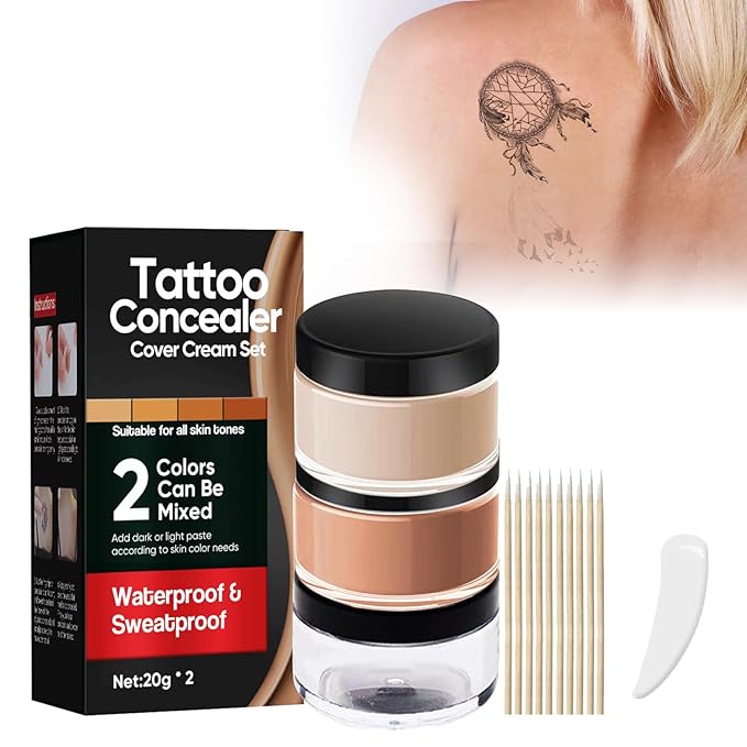Tattoo Cover Up Makeup Waterproof, 2 Color Long Lasting Tattoo Concealer for Body, Covers Scars, Vitiligo, Dark Spots, Waterproof & Sweatproof